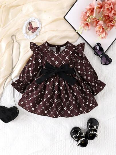 女嬰滿版印花荷葉邊荷葉袖連衣裙