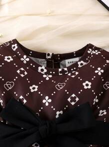 女嬰滿版印花荷葉邊荷葉袖連衣裙 - 咖啡棕 - 查看 3