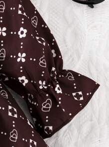 女嬰滿版印花荷葉邊荷葉袖連衣裙 - 咖啡棕 - 查看 5