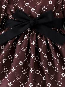女嬰滿版印花荷葉邊荷葉袖連衣裙 - 咖啡棕 - 查看 6