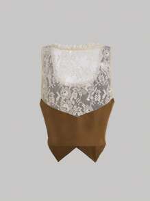 SHEIN MOD Contrast Lace Button Front Tank Top - Khaki - View 2