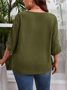 SHEIN Privé Talla grande Blusa unicolor manga tulipán - Verde militar - Ver 2