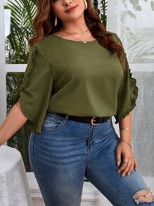 SHEIN Privé Talla grande Blusa unicolor manga tulipán - Verde militar - Ver 4
