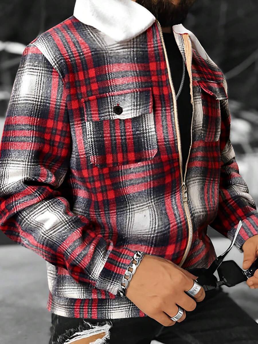 Manfinity Hypemode Men Plaid Print Flap Pocket Zip Up Jacket - Multicolor - View 1