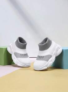 婴儿拼色条纹透气防滑舒适运动鞋、跑步鞋 - 白色 - 查看 1