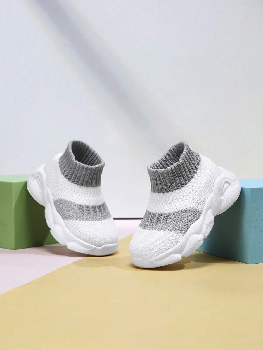 婴儿拼色条纹透气防滑舒适运动鞋、跑步鞋 - 白色 - 查看 1