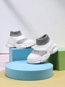 婴儿拼色条纹透气防滑舒适运动鞋、跑步鞋 - 白色 - 查看 2