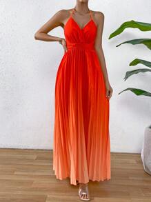 SHEIN Privé 漸層百褶下擺吊帶連衣裙 - 橘色 - 查看 4
