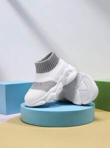 婴儿拼色条纹透气防滑舒适运动鞋、跑步鞋 - 白色 - 查看 4