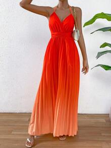 SHEIN Privé 漸層百褶下擺吊帶連衣裙 - 橘色 - 查看 3