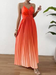 SHEIN Privé 漸層百褶下擺吊帶連衣裙 - 橘色 - 查看 5