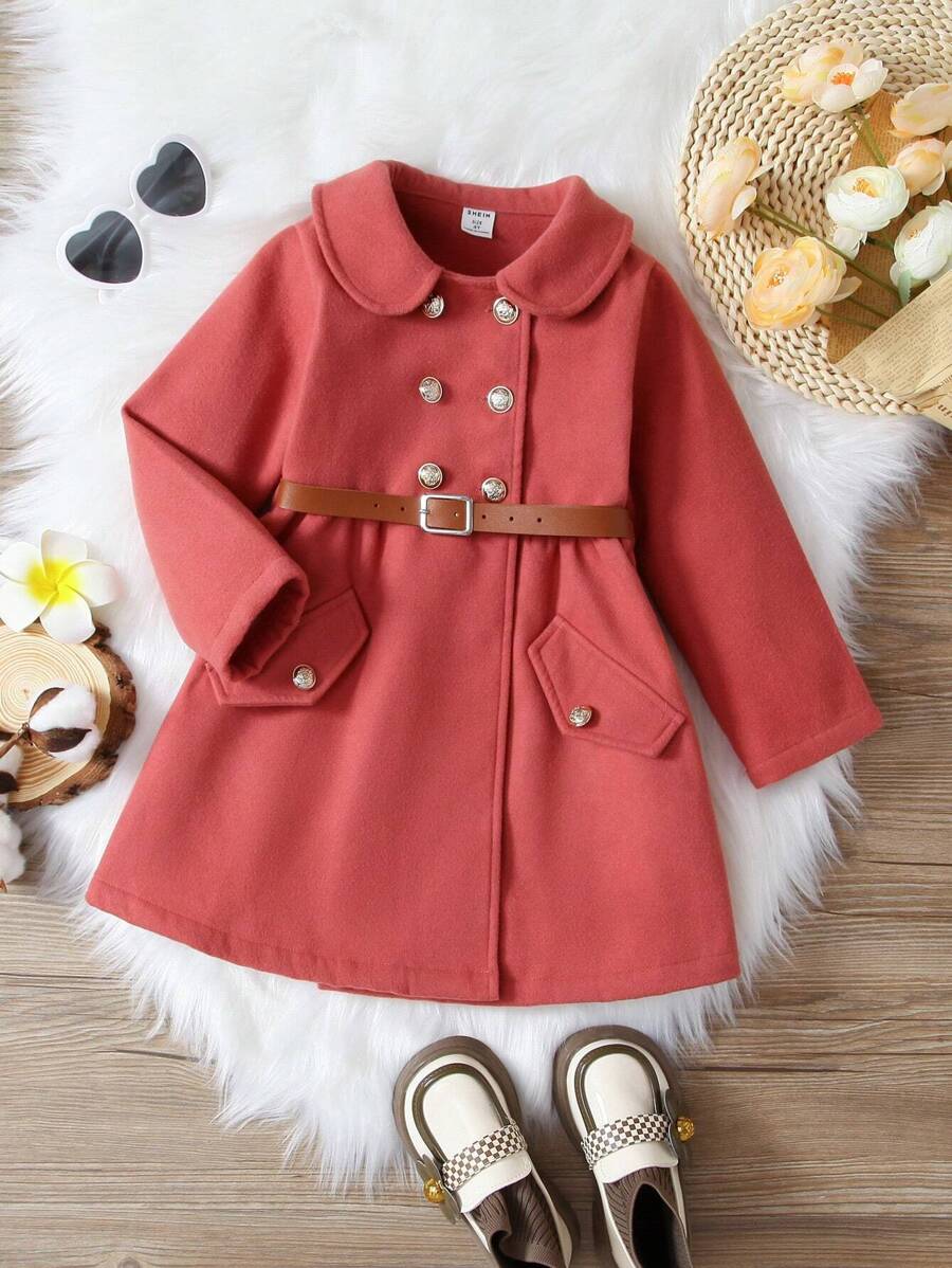 SHEIN 女小童1入組雙排釦腰帶花呢外套 - 西瓜粉 - 查看 1