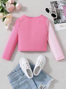 SHEIN Young Girl Two Tone Ribbed Knit Tee - Pink - View 2