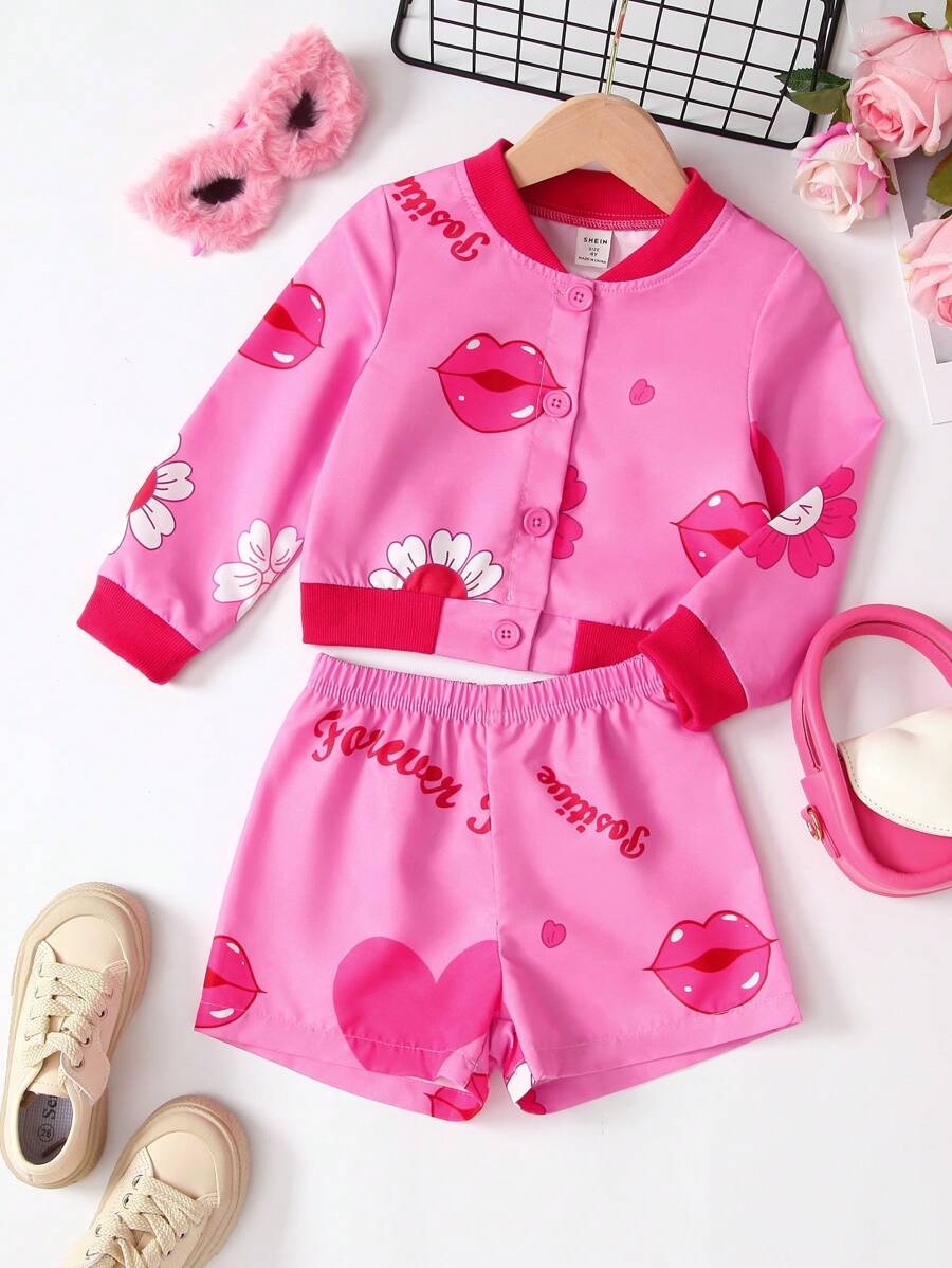SHEIN 女小童字母&嘴唇印花飛行員夾克&短褲 - 粉色 - 查看 1