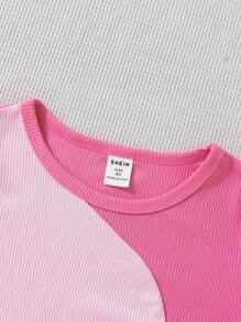 SHEIN Young Girl Two Tone Ribbed Knit Tee - Pink - View 6