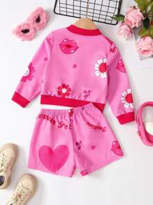 SHEIN 女小童字母&嘴唇印花飛行員夾克&短褲 - 粉色 - 查看 2