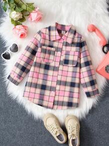 SHEIN 年轻女孩格子印花翻盖口袋衬衫 - 彩色 - 查看 1