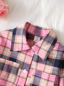 SHEIN 年轻女孩格子印花翻盖口袋衬衫 - 彩色 - 查看 3