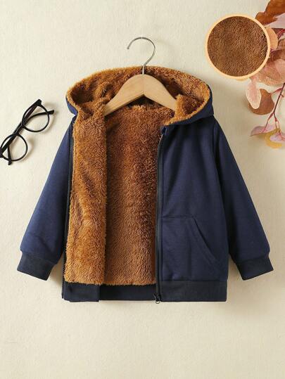 SHEIN 男小童拉鏈開襟加絨內裏連帽夾克