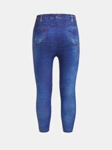 SHEIN 女小童牛仔效果印花緊身打底褲 - 藍色 - 查看 2