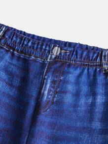 SHEIN 女小童牛仔效果印花緊身打底褲 - 藍色 - 查看 4