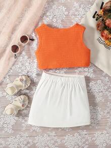 SHEIN Baby Girl Twist Front Tank Top & Button Detail Asymmetrical Hem Skirt - Multicolor - View 2