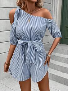 SHEIN LUNE In sọc Cổ không đối xứng Thắt lưng Romper - Xanh và trắng - Xem 4