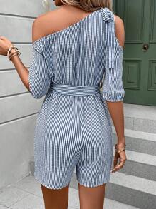 SHEIN LUNE In sọc Cổ không đối xứng Thắt lưng Romper - Xanh và trắng - Xem 2