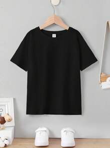 SHEIN Camiseta de manga corta con cuello redondo minimalista y holgada de unicolor con mangas raglán para niño preadolescente - Negro - Ver 4