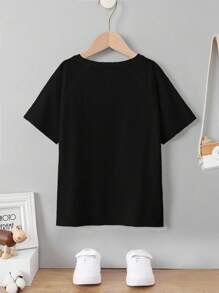 SHEIN Camiseta de manga corta con cuello redondo minimalista y holgada de unicolor con mangas raglán para niño preadolescente - Negro - Ver 2
