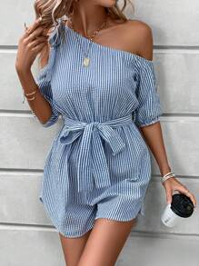 SHEIN LUNE In sọc Cổ không đối xứng Thắt lưng Romper - Xanh và trắng - Xem 1