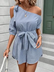 SHEIN LUNE In sọc Cổ không đối xứng Thắt lưng Romper - Xanh và trắng - Xem 6