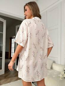 Floral Print Drop Shoulder Button Front Nightdress - Beige - View 2