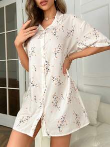 Floral Print Drop Shoulder Button Front Nightdress - Beige - View 4