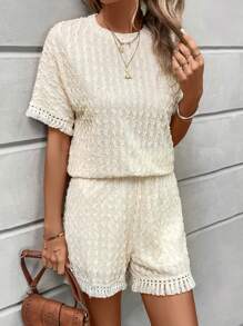 SHEIN LUNE Solid Batwing Sleeve Tee & Shorts - Apricot - View 1