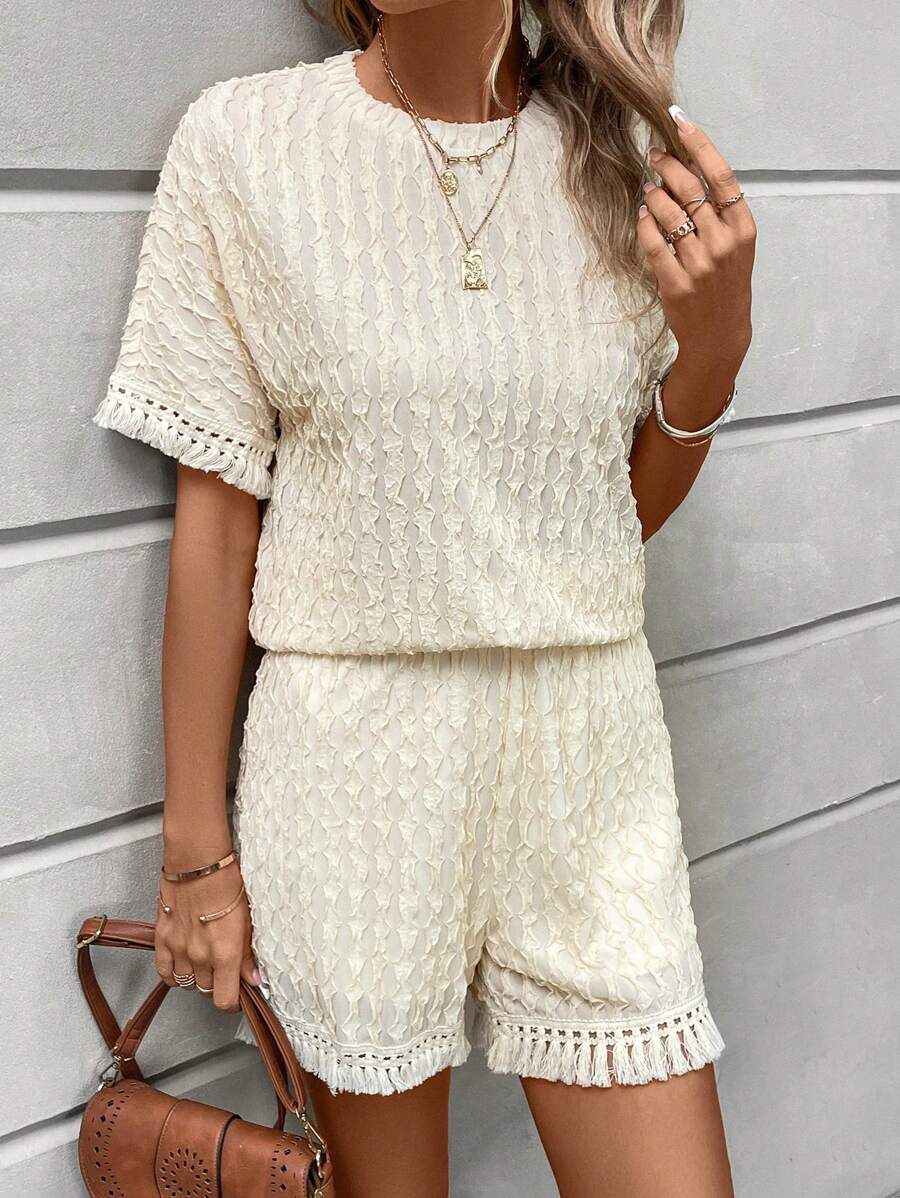 SHEIN LUNE Solid Batwing Sleeve Tee & Shorts - Apricot - View 1