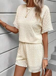 SHEIN LUNE Solid Batwing Sleeve Tee & Shorts - Apricot - View 5