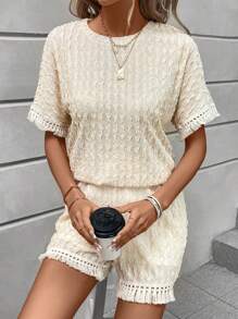 SHEIN LUNE Solid Batwing Sleeve Tee & Shorts - Apricot - View 6