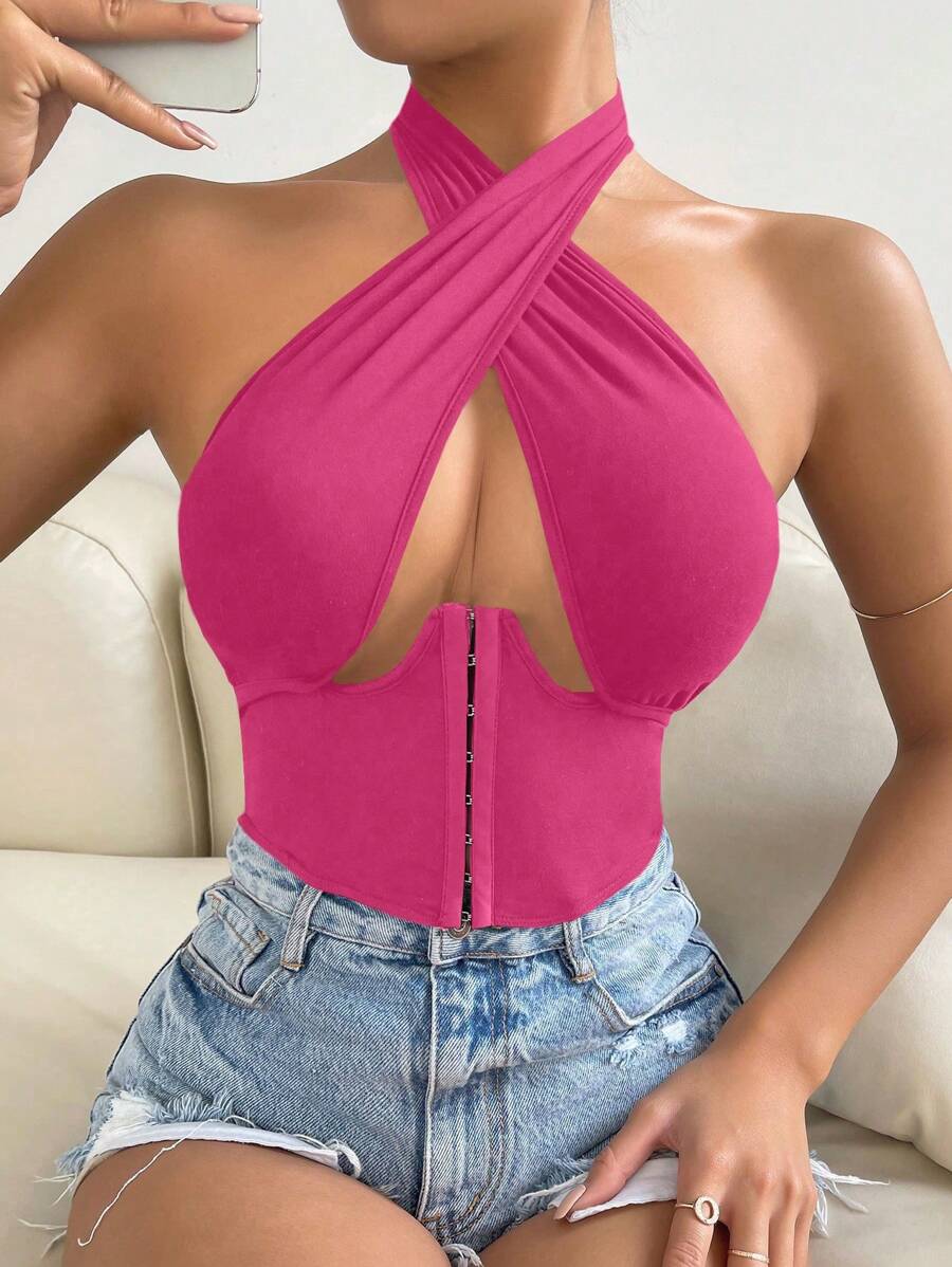 VaVaBold 前鏤空掛脖上衣 - 玫紅色 - 查看 1