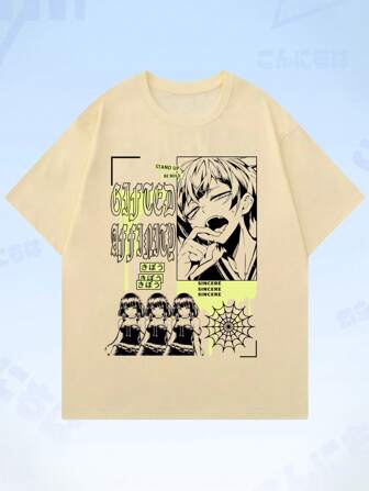 Anime Hombres Camiseta con estampado de figura y slogan