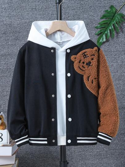 SHEIN Tween Boy Cartoon Embroidery Striped Trim Varsity Jacket Without Hoodie