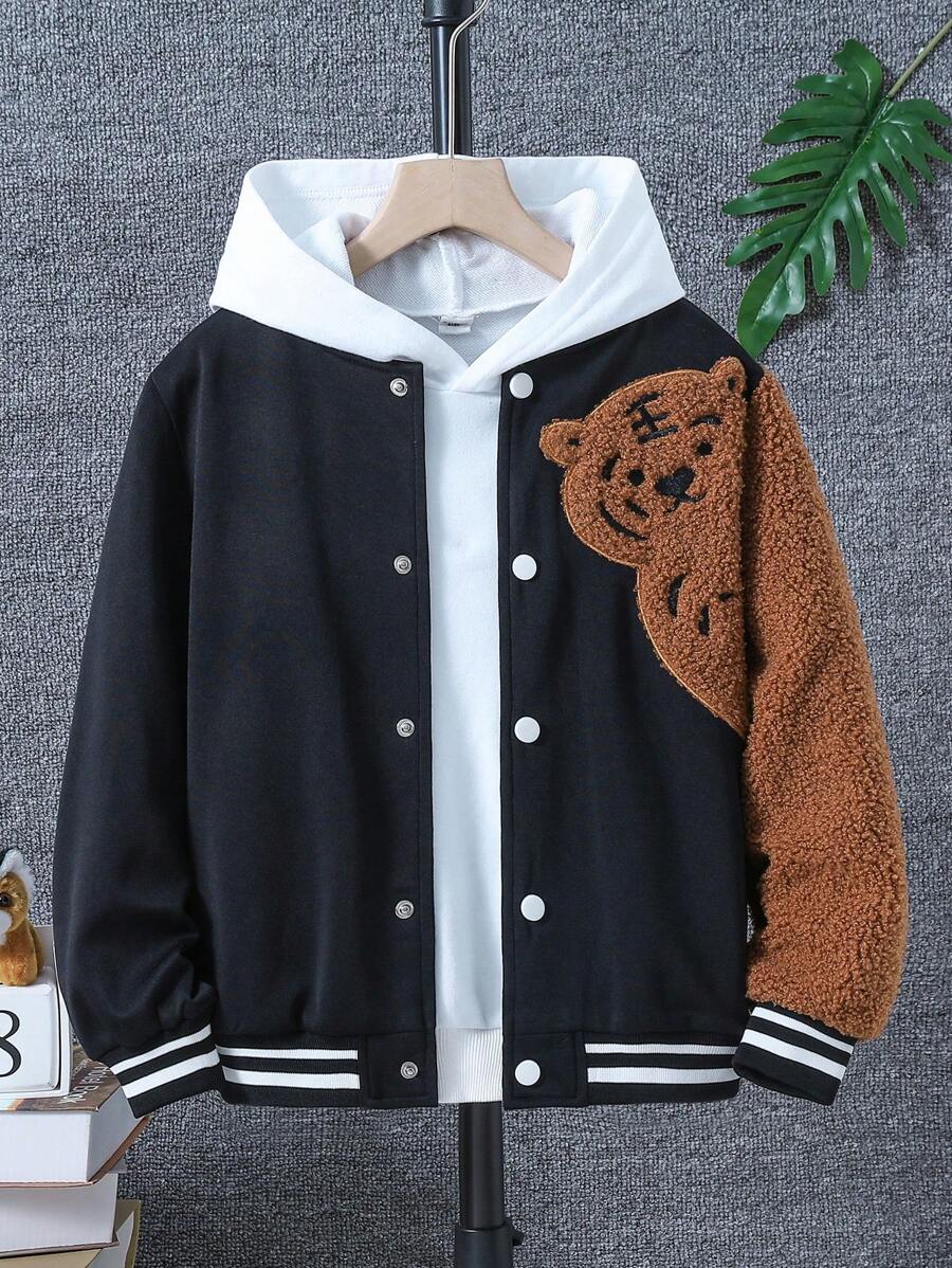 SHEIN Tween Boy Cartoon Embroidery Striped Trim Varsity Jacket Without Hoodie - Black - View 1