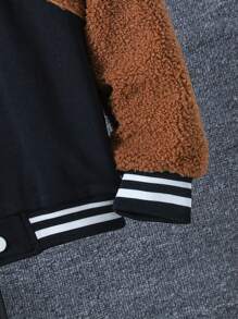 SHEIN Tween Boy Cartoon Embroidery Striped Trim Varsity Jacket Without Hoodie - Black - View 3