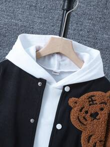 SHEIN Tween Boy Cartoon Embroidery Striped Trim Varsity Jacket Without Hoodie - Black - View 4