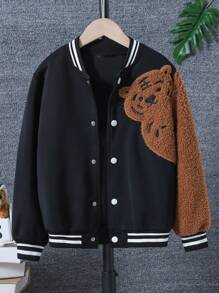 SHEIN Tween Boy Cartoon Embroidery Striped Trim Varsity Jacket Without Hoodie - Black - View 5