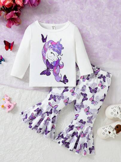 SHEIN Baby Girl Unicorn Print Tee & Butterfly Print Flare Leg Pants