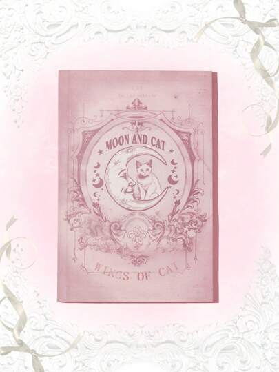 Kawaii 1pc Moon & Cat & Letter Graphic Notebook, Casual Journal Notebook, School