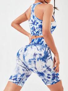 SHEIN Yoga Trendy 紮染前鏤空運動套裝 - 藍白色 - 查看 5