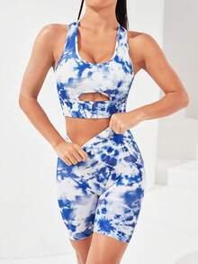 SHEIN Yoga Trendy 紮染前鏤空運動套裝 - 藍白色 - 查看 2
