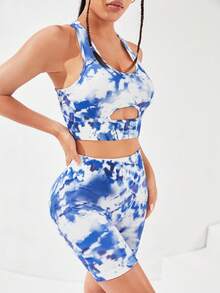 SHEIN Yoga Trendy 紮染前鏤空運動套裝 - 藍白色 - 查看 3